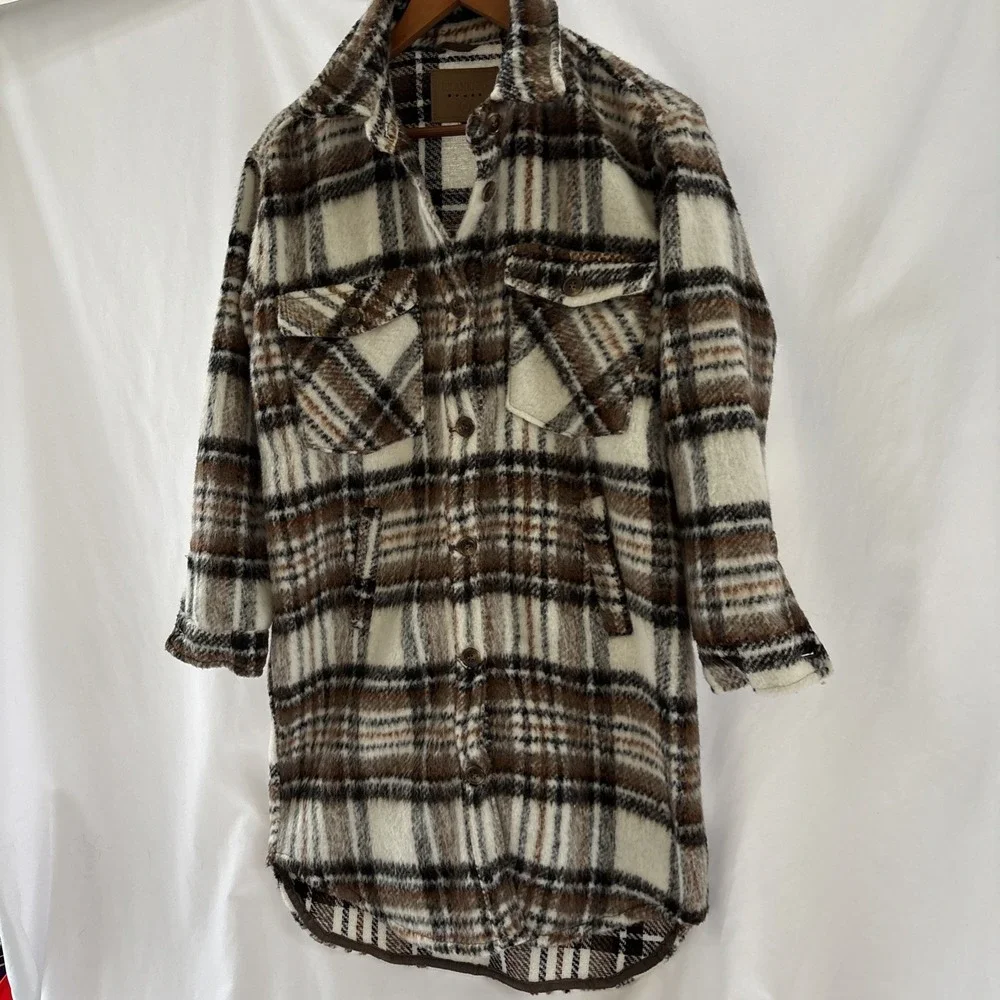 Blank NYC Womens Small Plaid Shacket Jacket Fuzzy Button Down‎ Brown White